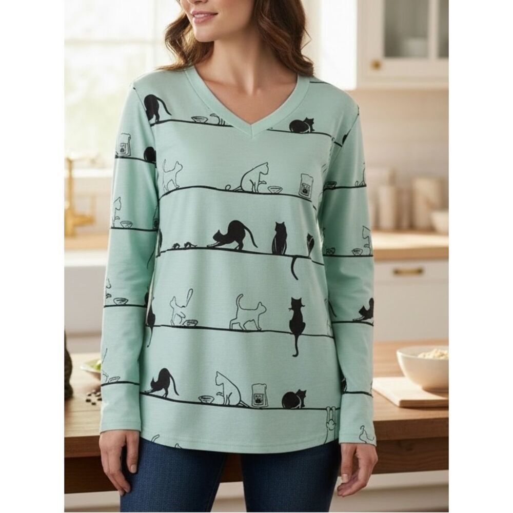 Mint Green Cat Print Long Sleeve Top Women’s Casual V-Neck Tee Sz Lg